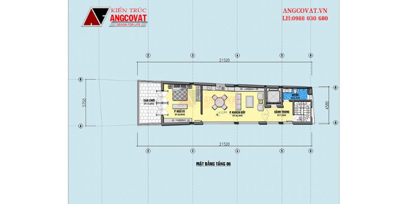 Công năng khu vực tầng 6 nhà 5 tầng mặt tiền 6m có hầm