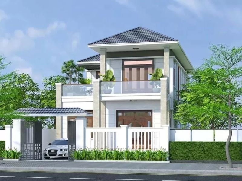 Kiến trúc nhà 2 tầng có sân vườn rộng bao quanh