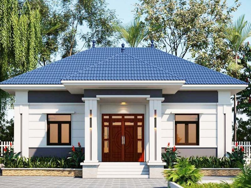 Kiến trúc nhà 1 tầng mái Nhật màu xanh đẹp mắt 9x20m