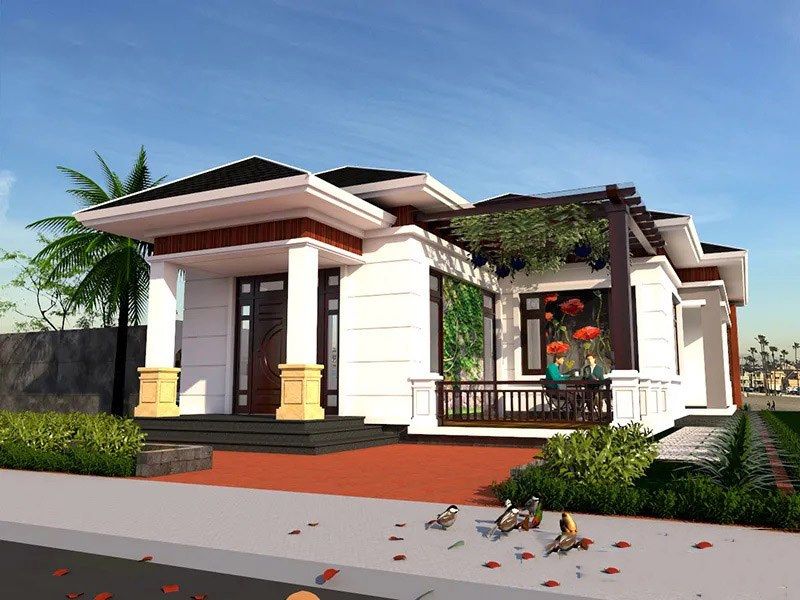Nhà biệt thự 1 tầng có tiền sảnh rộng dùng làm khu vực thư giãn
