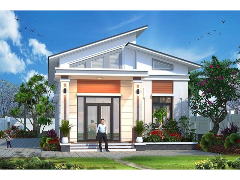 Xây nhà 1 tầng rộng 8m và dài 12m mái lệch có sân vườn xanh mát  