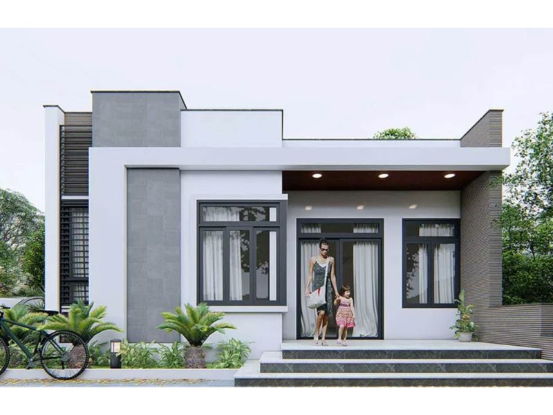 Thiết kế nhà cấp 4 mặt tiền 8m có cửa sổ kính tối ưu ánh sáng và thông thoáng