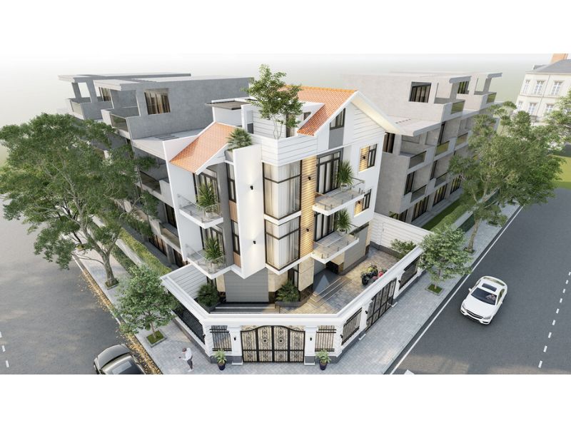 Công trình biệt thự hiện đại mái thái 2 mặt tiền 4 tầng