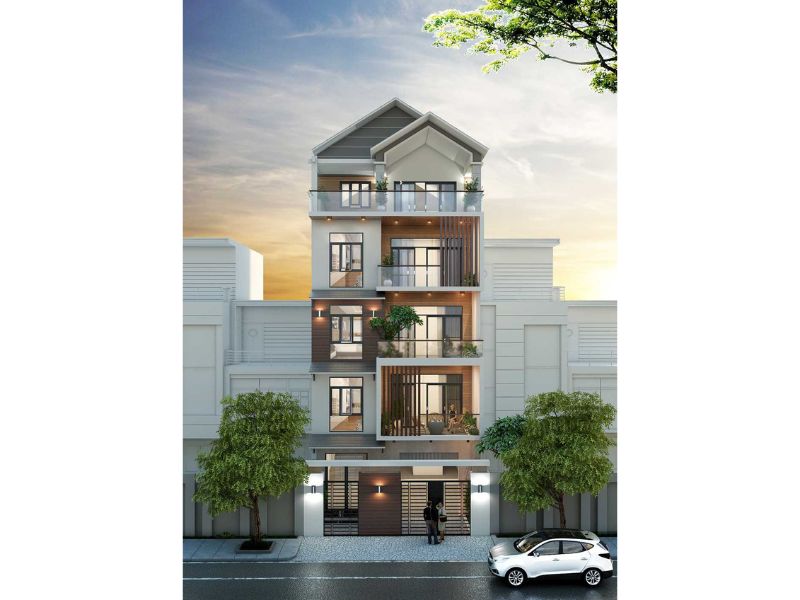 Biệt thự 4 tầng đơn giản nhẹ nhàng với hệ mái thái