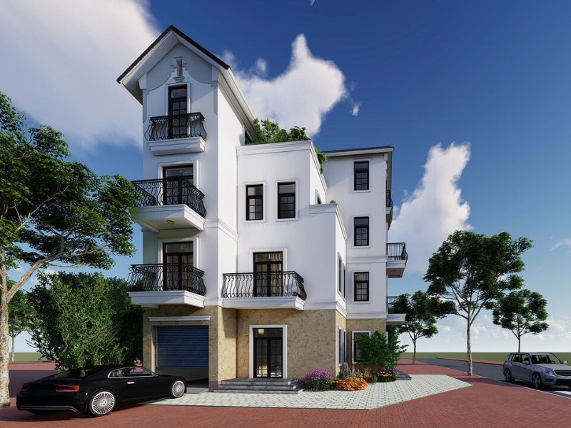 Kiến trúc biệt thự liền kề 2 mặt tiền 4 tầng mái thái