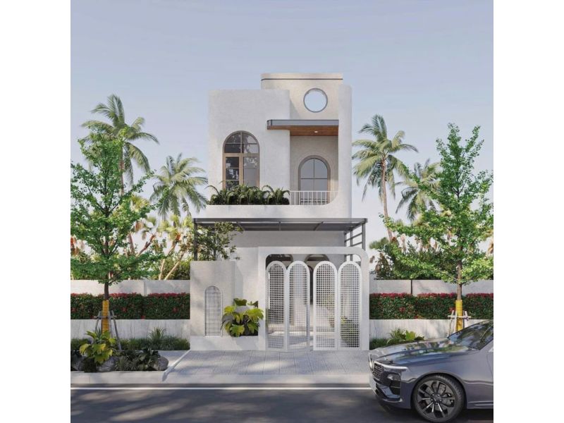 Ngoại thất nhà phố 4x15 sơn trắng thanh lịch, nổi bật 