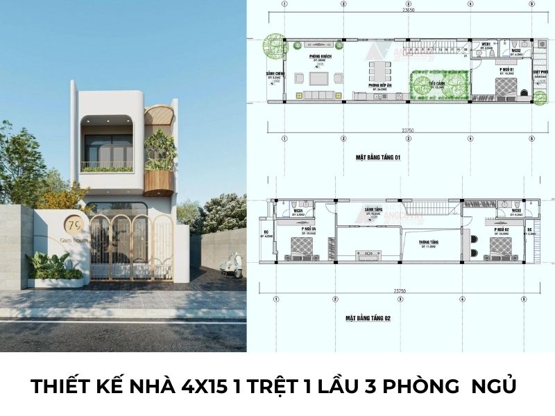Phân chia không gian nhà 4x15 1 trệt 1 lầu 3 phòng ngủ khoa học, hợp lý