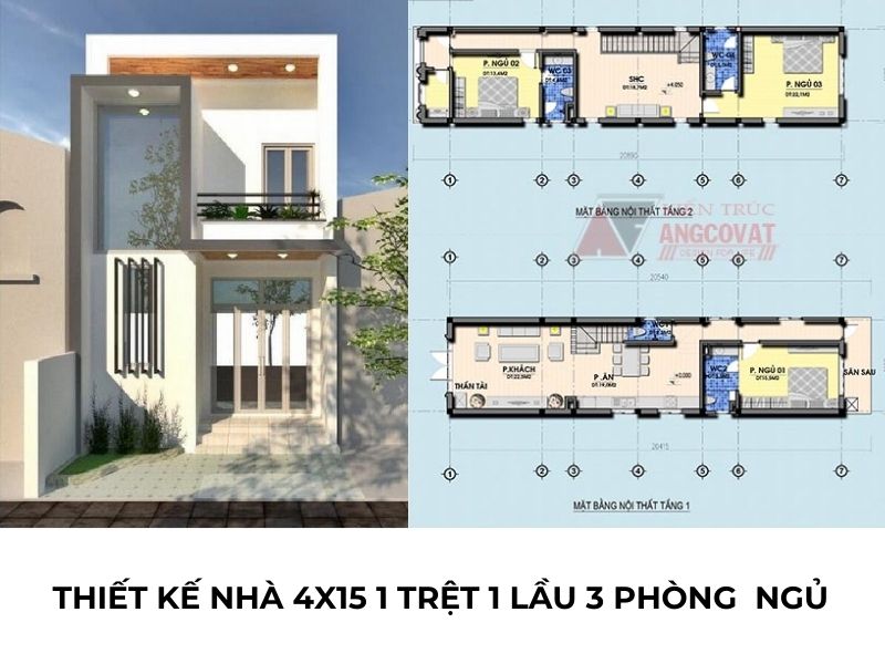 Bản vẽ thiết kế nhà 4x15 1 trệt 1 lầu 3 phòng ngủ