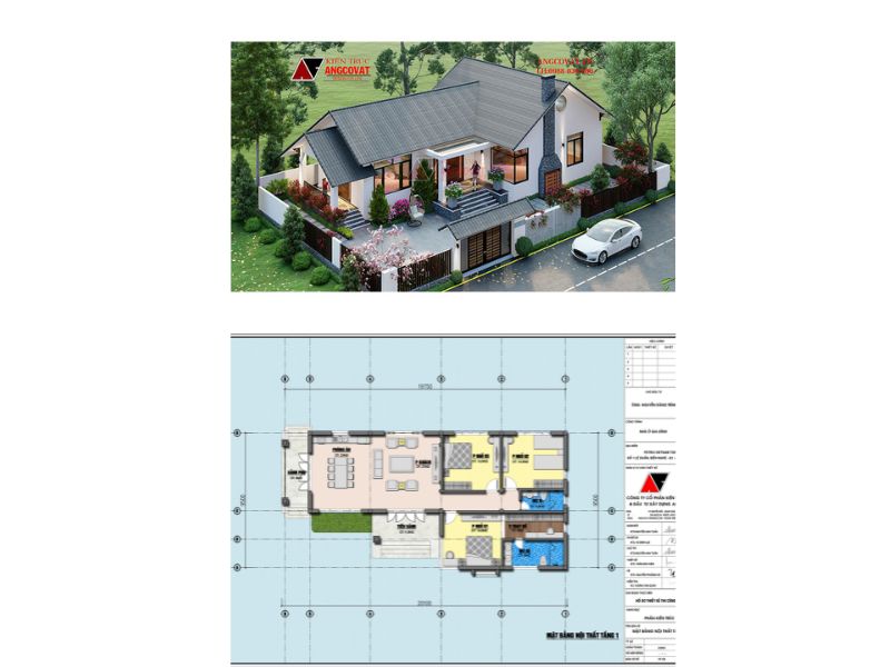 Kiến trúc nhà 1 tầng 3 ngủ 160m2 mặt tiền 20m