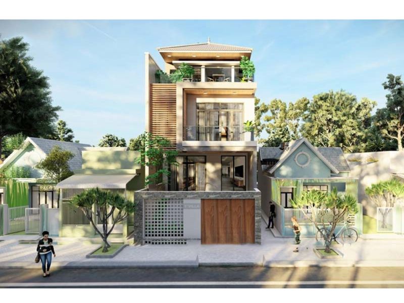 Sử dụng lam chắn, cửa kính tăng khả năng thông gió cho ngôi nhà 3 tầng 7x12m 