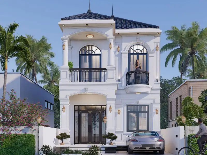 Xây nhà 2 tầng mặt tiền 7m tân cổ điển mái Nhật nhẹ nhàng