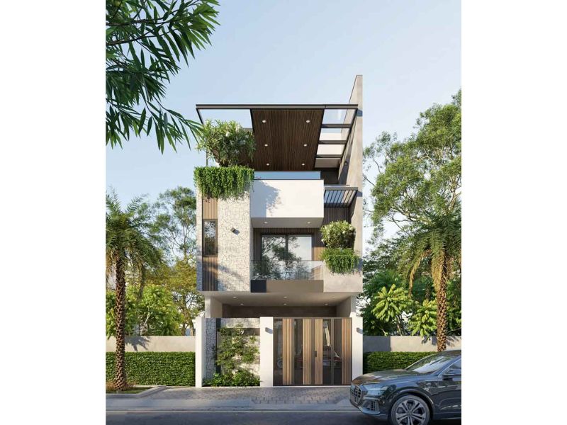 Mặt tiền nhà 7x12m thiết kế hiện đại lồng ghép linh hoạt yếu tố tự nhiên