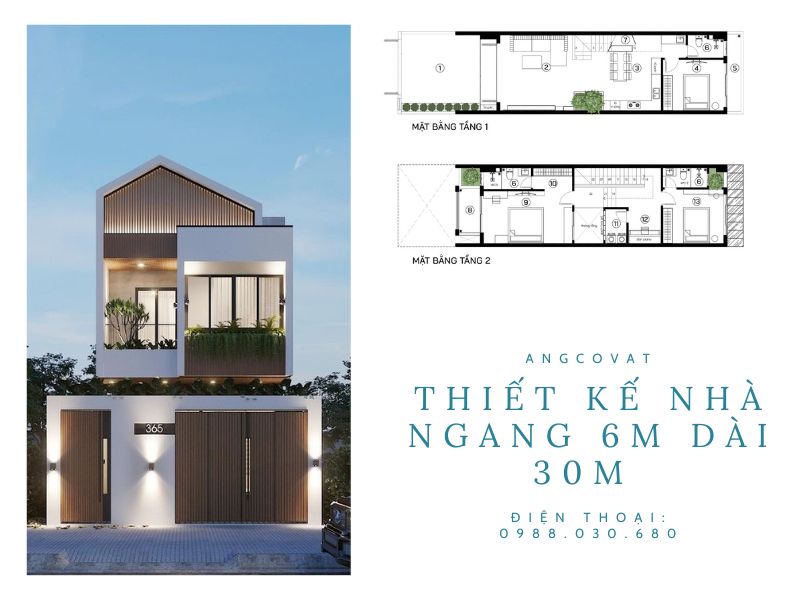 Kiến trúc nhà phố 2 tầng mặt tiền 6m