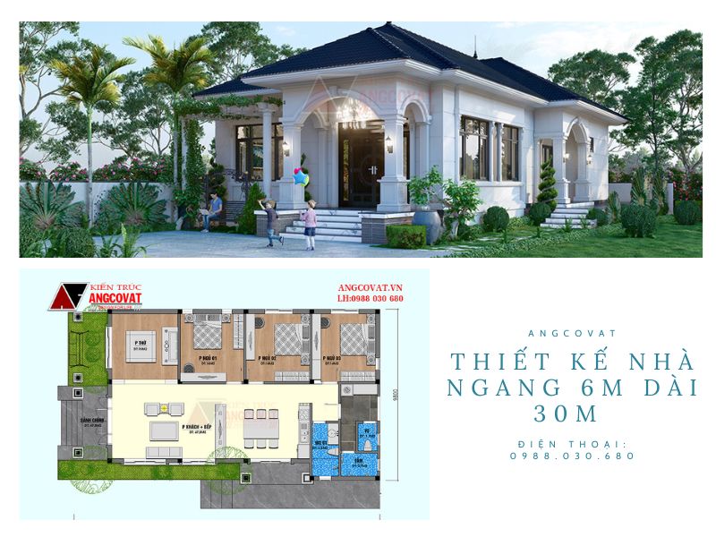  Mẫu nhà ngang 180m2 1 tầng tân cổ mái Nhật