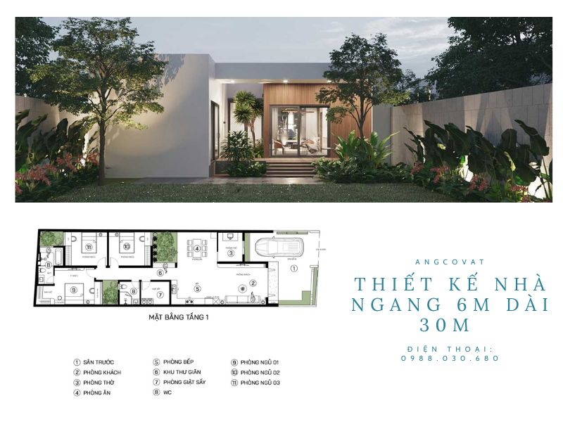 Mẫu nhà ngang mặt tiền 6m phong cách hiện đại