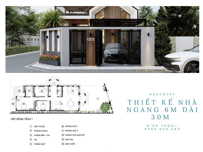 Kiến trúc nhà 1 tầng mặt tiền 6m có gara