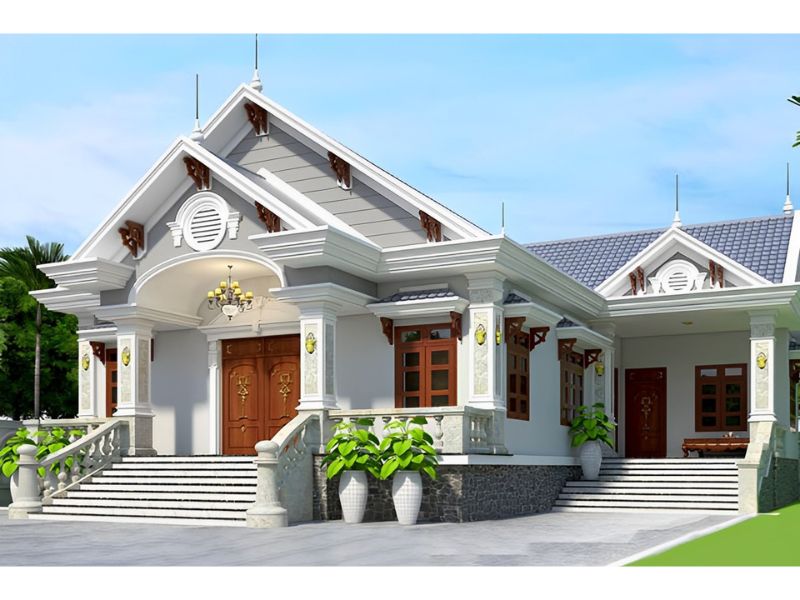 Kiến trúc nhà cấp 4 mặt tiền rộng 10m chữ L 5 ngủ