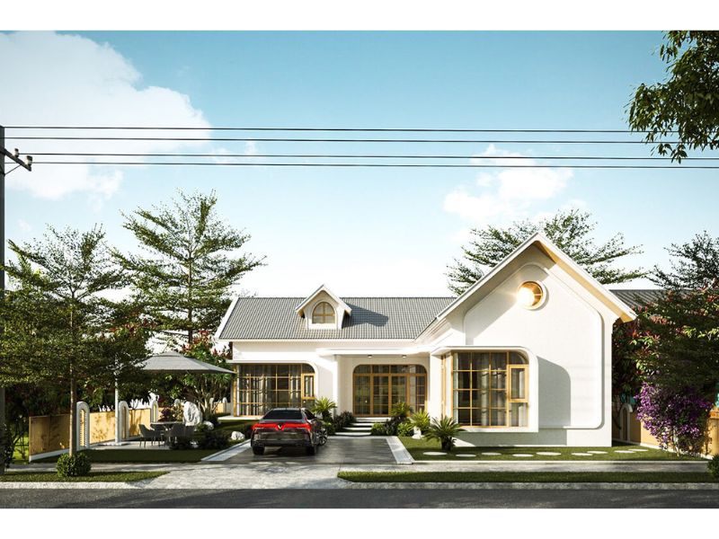 Nhà có sân vườn rộng 300m2 mái thái gam màu trắng