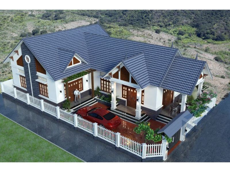 Mẫu nhà chữ L 1 tầng 5 phòng ngủ mái thái