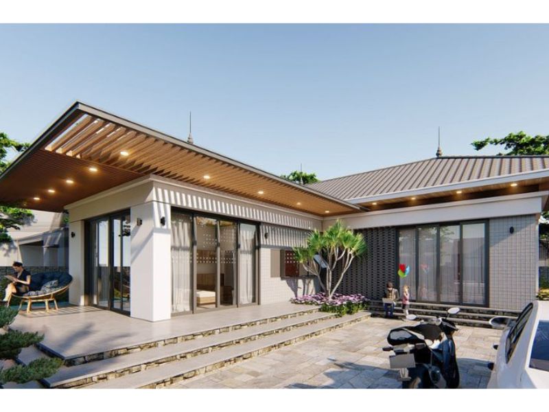 Kiến trúc nhà chữ L 1 tầng hiện đại mái Nhật