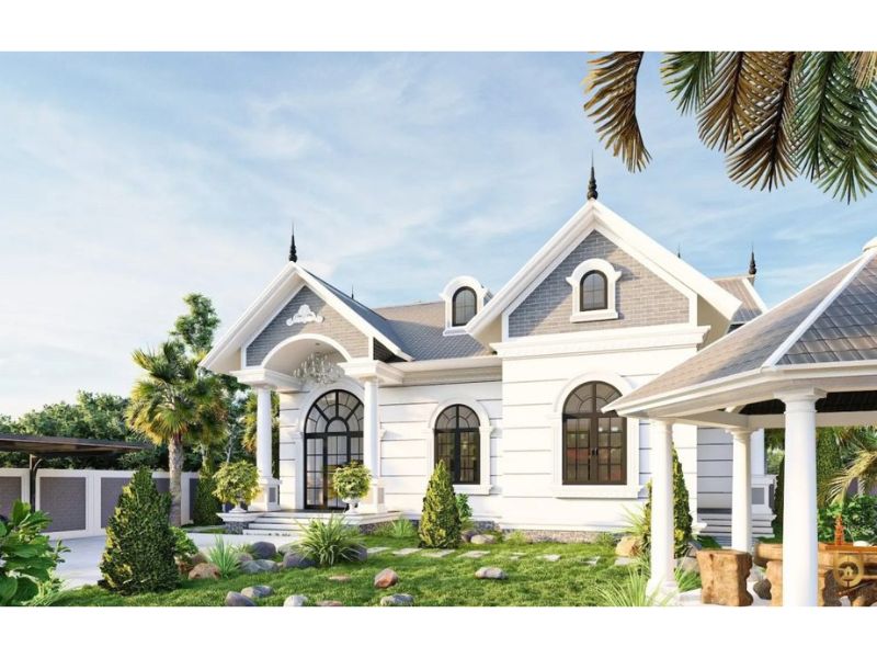 Xây nhà 1 tầng 300m2 mái Thái có cảnh quan sân vườn đẹp đẽ