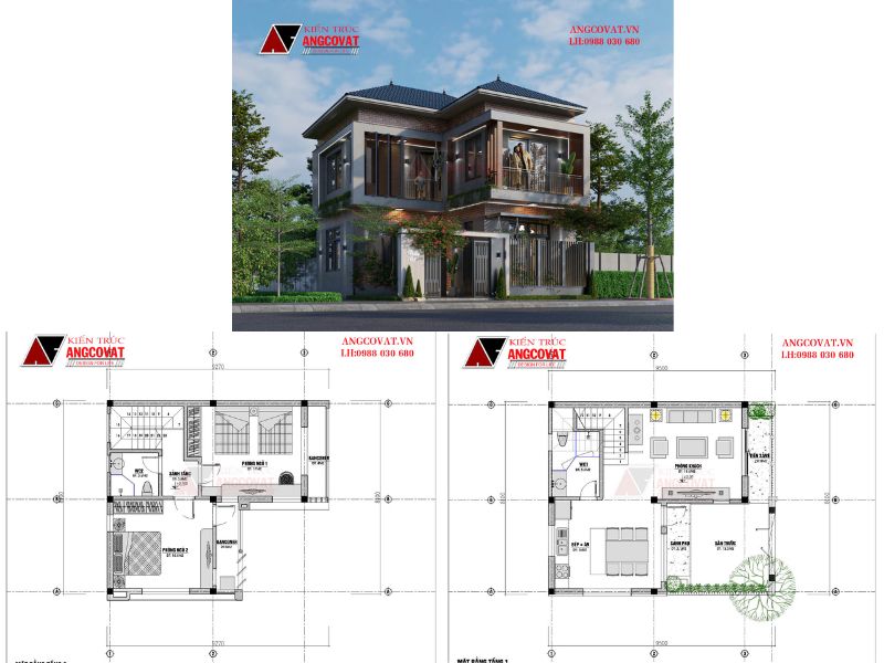 Thiết kế nhà vuông 60m2 chữ L mái Nhật