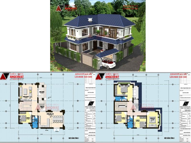 Mặt bằng nhà mái nhật chữ L 2 tầng vuông vắn