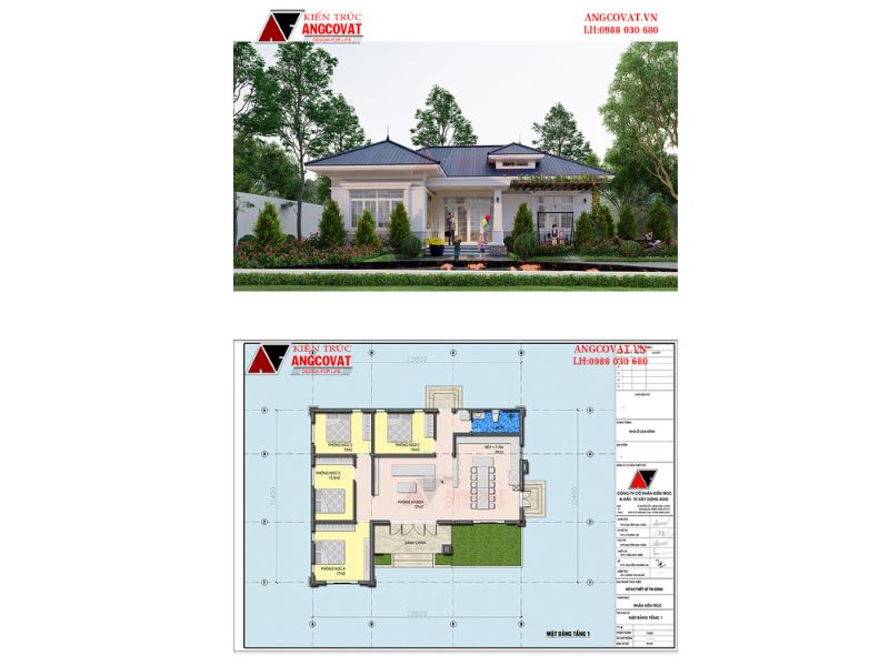 Mặt bằng nhà 1 tầng 4 phòng ngủ 150m2