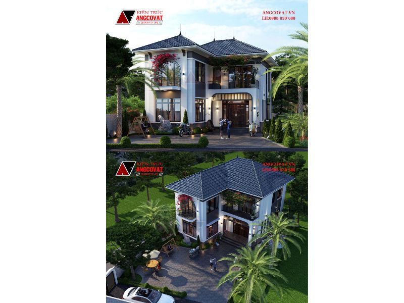 Mẫu nhà chữ L 2 tầng 130m2 mái Nhật