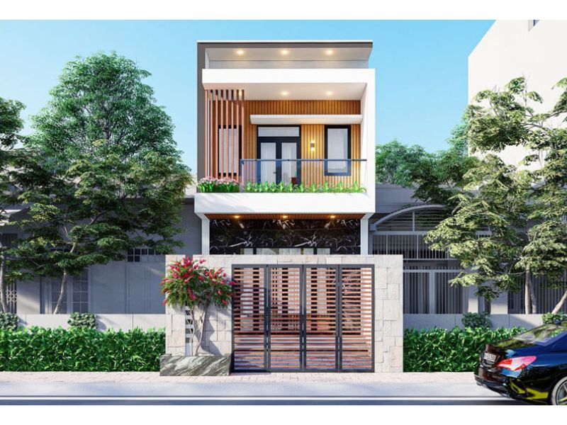 Thiết kế nhà phố 1 trệt 1 lầu diện tích sàn 100m2 mái bằng với mặt tiền trang trí lam chẵn gỗ sáng tạo