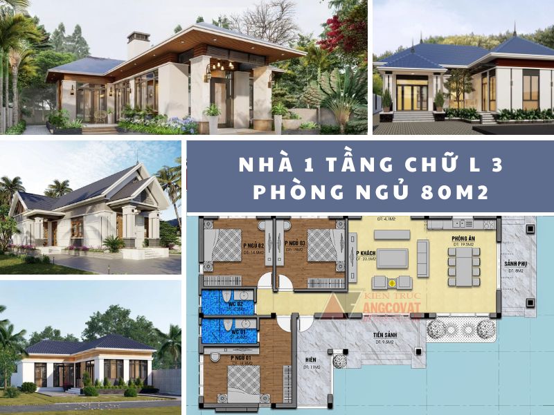 Thiết kế nhà 1 tầng chữ L 3 phòng ngủ 80m2 đẹp vạn người mê 