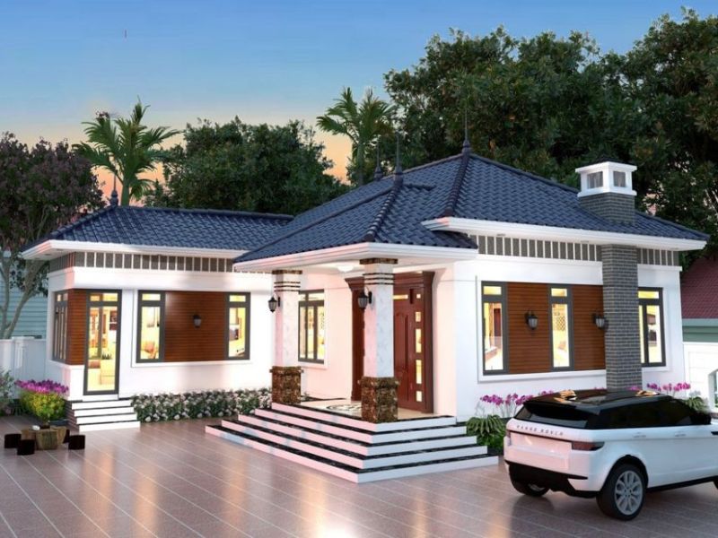 Mẫu nhà 1 tầng chữ L tân cổ điển mái Nhật có sảnh hiên rộng 