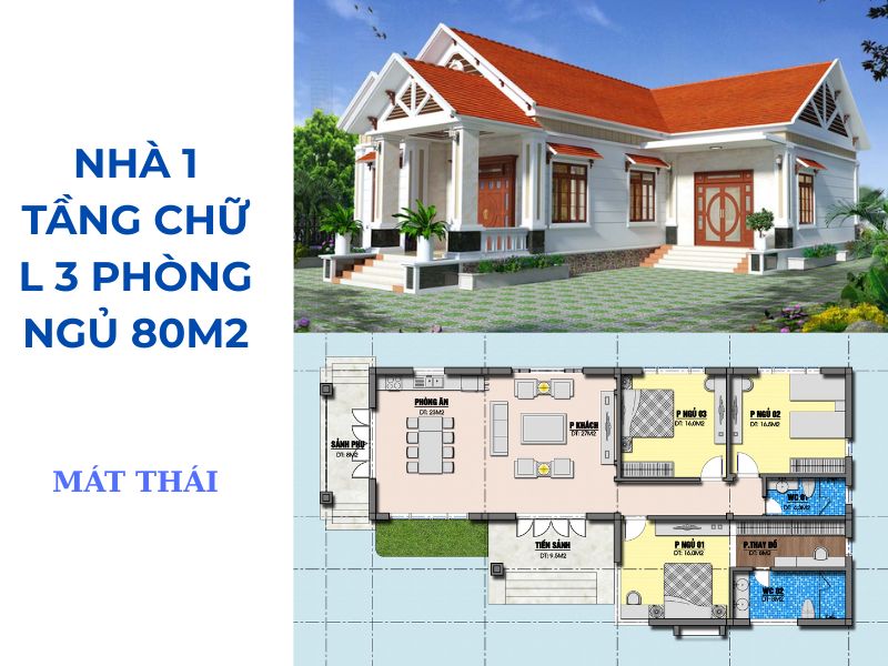 Tham khảo mẫu nhà 1 tầng chữ L 3 phòng ngủ mái Thái cao ráo