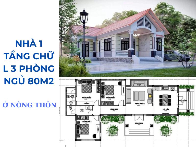 Bản vẽ nhà 1 tầng 3 phòng ngủ 80m2 đẹp ở nông thôn 