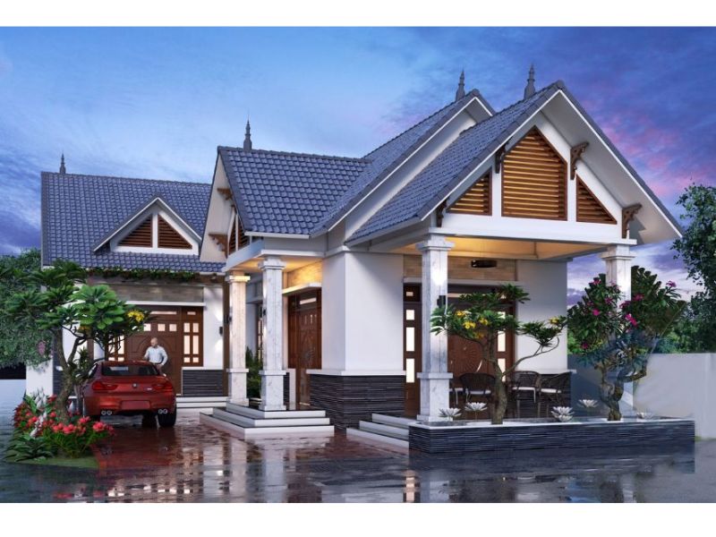 Nhà 1 tầng chữ L sử dụng gam màu tươi sáng và lối thiết kế nhẹ nhàng 