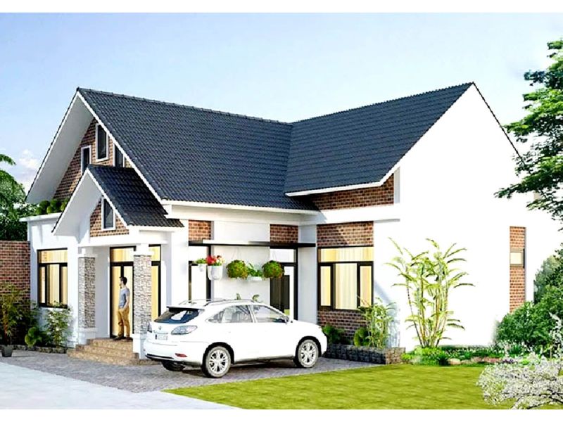 Hệ mái Thái giật cấp tạo nên sự độc đáo cho mẫu nhà 1 tầng chữ L 3 phòng ngủ 80m2  