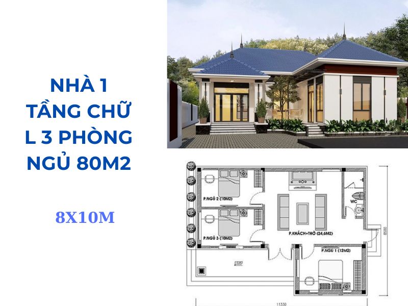 Mẫu nhà 1 tầng chữ L 3 phòng ngủ 8x10m 