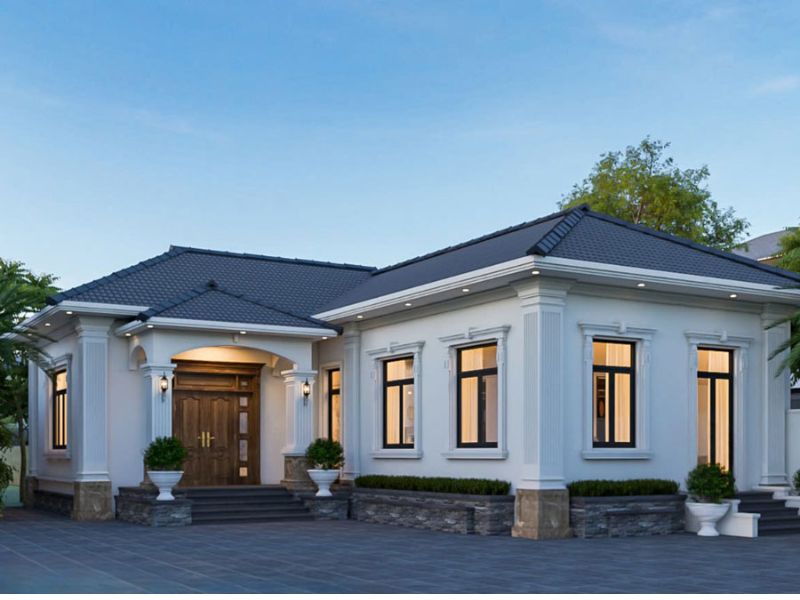 Thiết kế nhà 1 tầng chữ L mái Nhật 