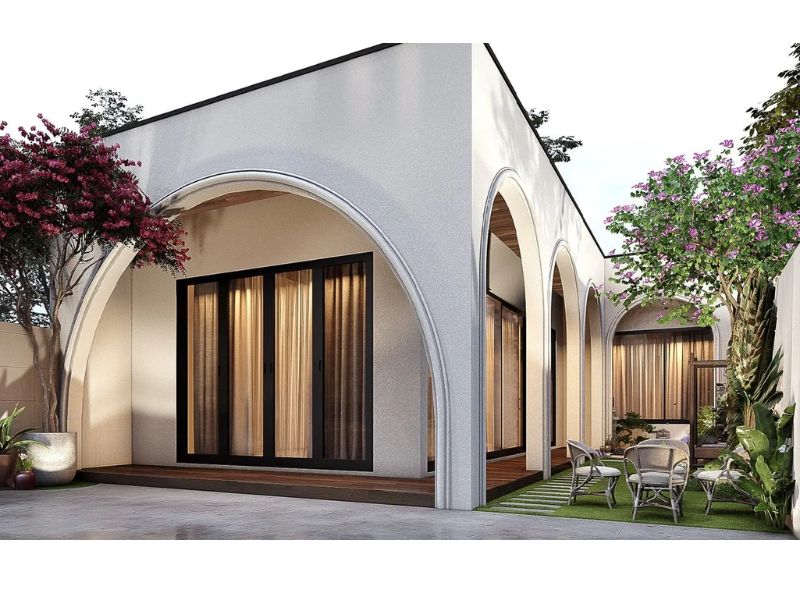 Kiến trúc hình vòm ấn tượng trong mẫu nhà 1 tầng chữ L 80m2 