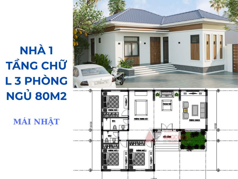 Mẫu nhà 1 tầng chữ L 3 phòng ngủ 80m2 mái Nhật 