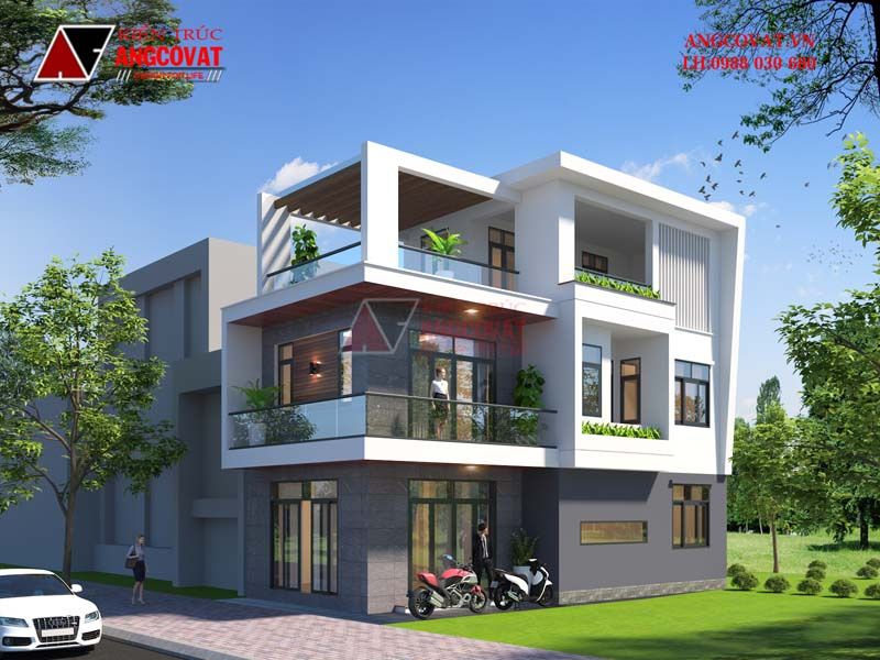 Kiến trúc nhà phố 2 tầng 1 tum 2 mặt tiền