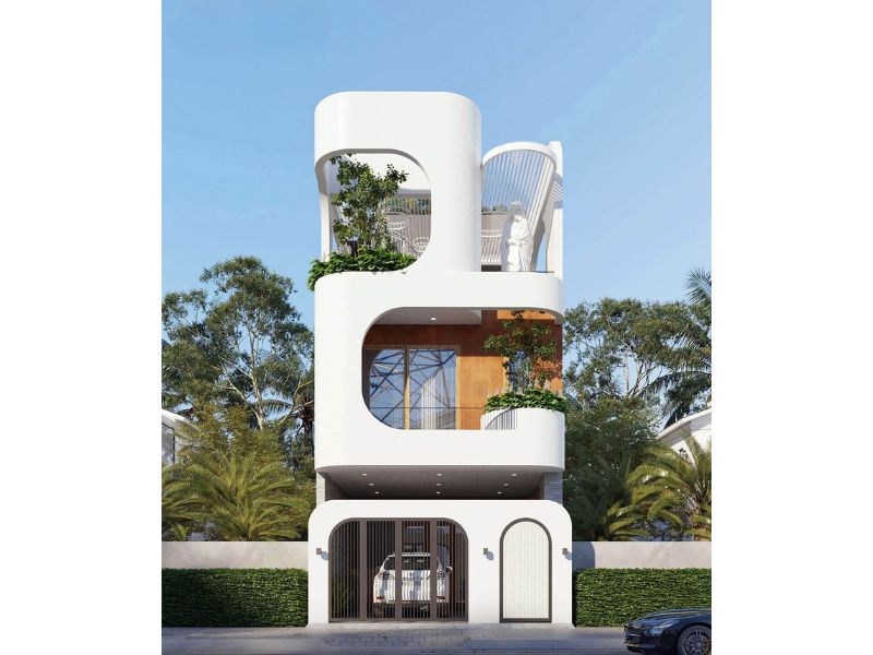 Tạo hình nhà 2 tầng 1 tum độc đáo gam màu trắng