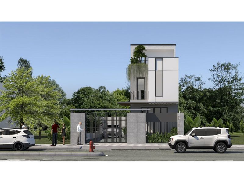 Nhà vườn 2 tầng 1 tum gam màu xám