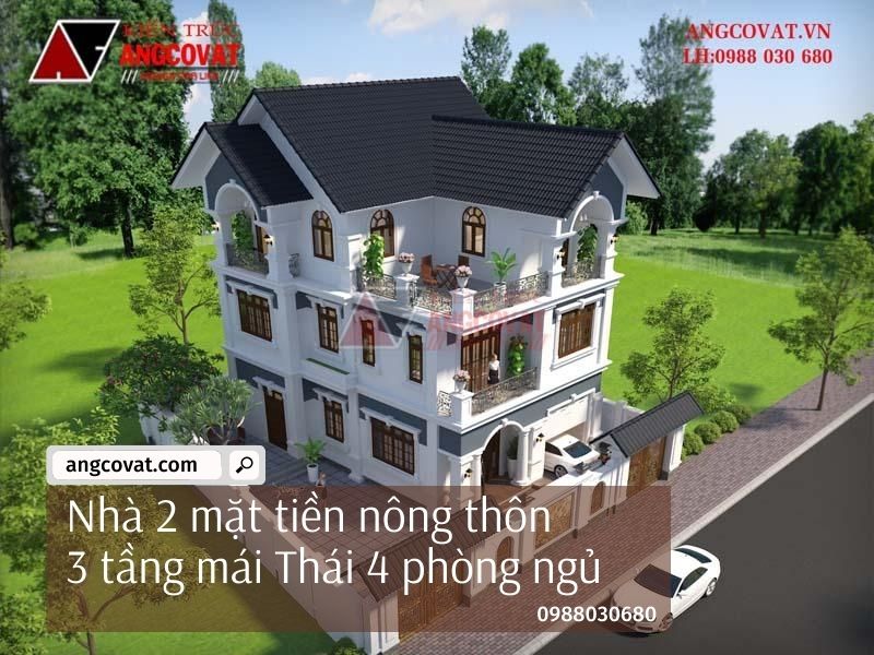 Tổng thể nhà 2 mặt tiền nông thôn 3 tầng mái Thái 4 phòng ngủ nhìn từ trên cao