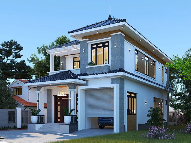 Nhà 2 tầng tận dụng khoẳng sân trước làm gara