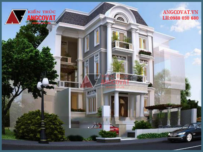    Mẫu 11: mẫu nhà biệt thự cổ điển 3 tầng sang trọng ở Hà Nội sử dụng kiến trúc mái mansard.