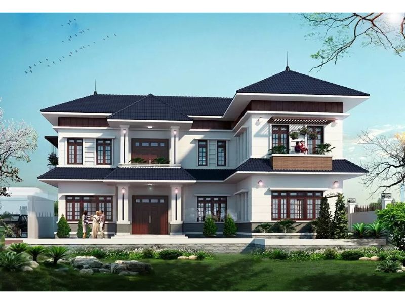 Thiết kế nhà chữ L hiện đại hệ mái nhật xanh 3 phòng ngủ