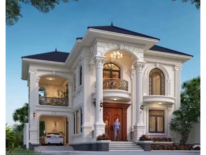 Nhà chữ L 2 tầng mái nhật gam màu trắng sang trọng