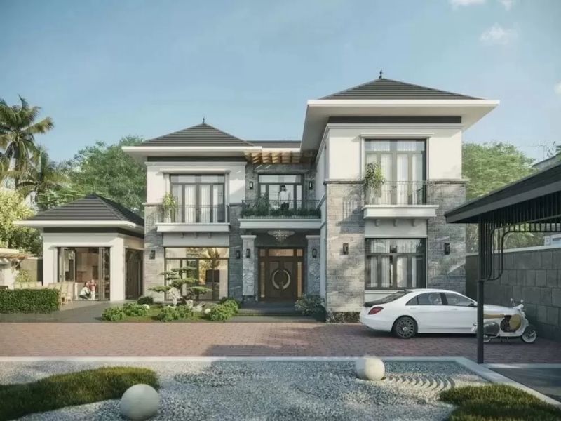 Nhà chữ L 2 tầng mái Nhật có gara ngay ở trước mặt