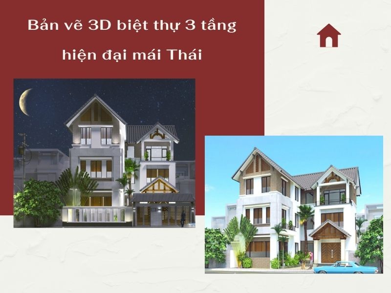Bản vẽ 3D biệt thự 3 tầng hiện đại mái Thái